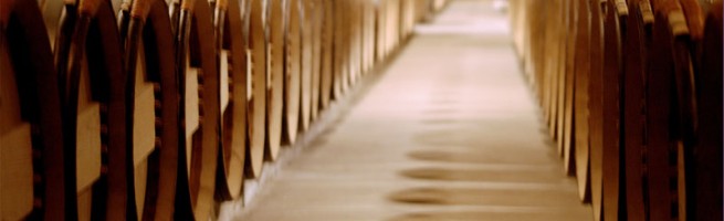 Barrels of wine in a winery.